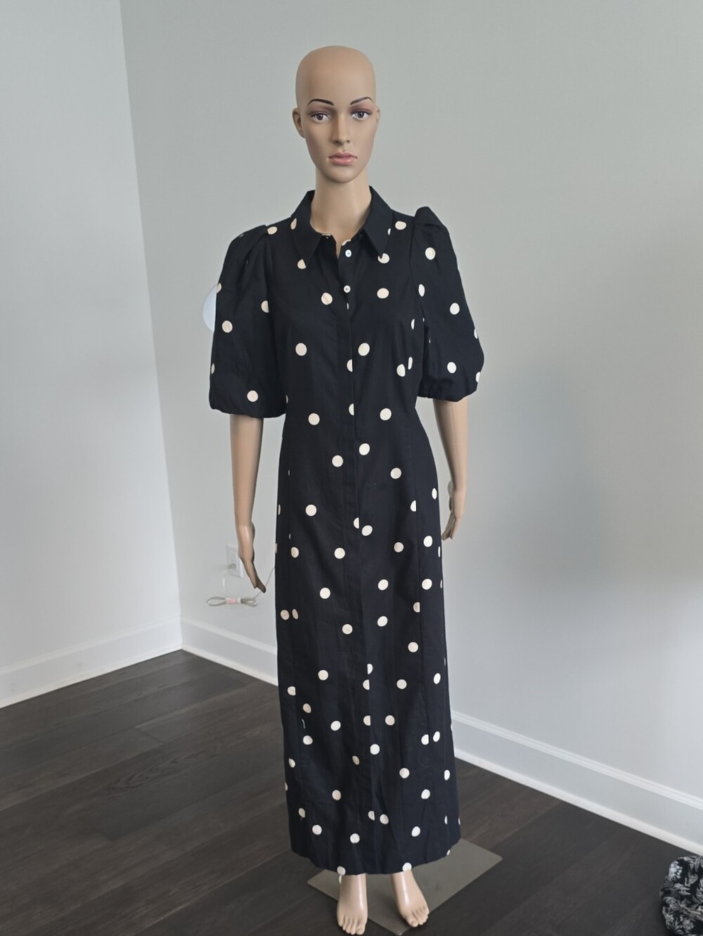 Sezane Etty Black Maxi Dress with Cream Polka Dots